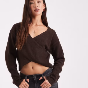 Pieces wrap front knit sweater in chocolate brown