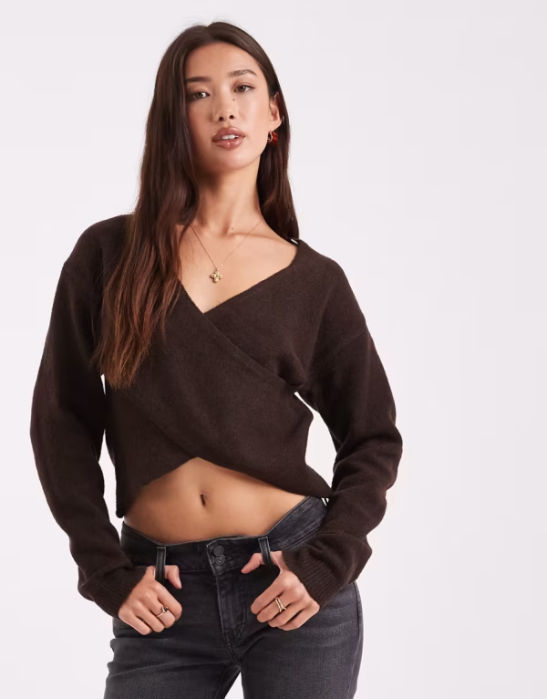 Pieces wrap front knit sweater in chocolate brown