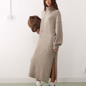 Weekday turtle neck knit maxi dress in heathered light mole