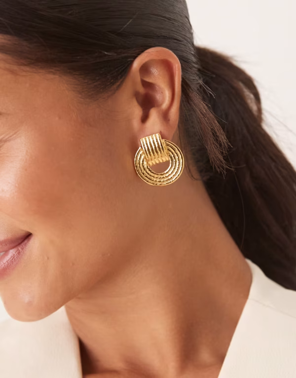 Lost Souls textured doorknocker stud earrings in 18kt gold plated stainless steel