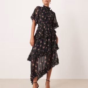 Sister Jane shirred waist aysmmetric maxi dress in black floral