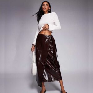 ASOS DESIGN high shine faux leather wrap midi skirt