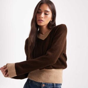 ASOS DESIGN knit high v-neck sweater with contrast ribbing