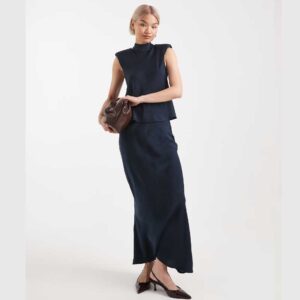 ASOS DESIGN low rise satin maxi skirt in navy