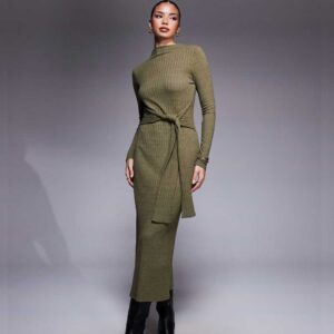 ASOS DESIGN ribbed long sleeve high neck tie front midi dress