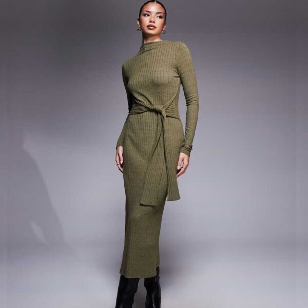 ASOS DESIGN ribbed long sleeve high neck tie front midi dress