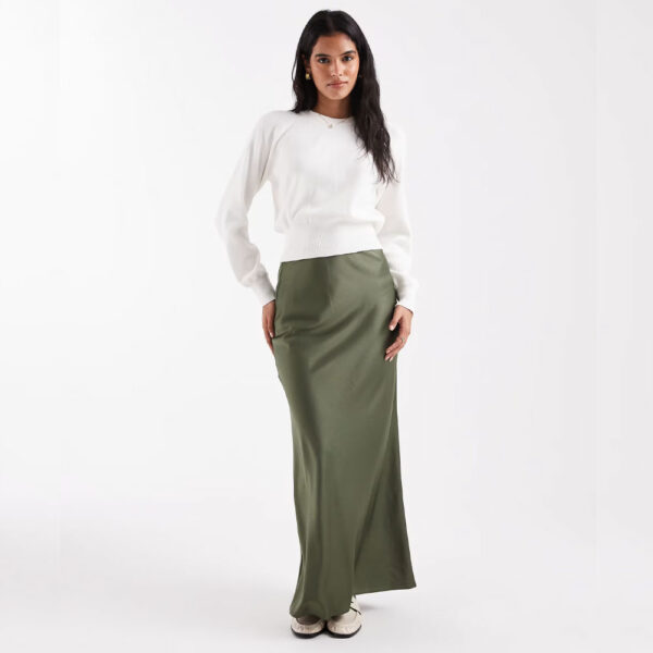 ASOS DESIGN satin bias maxi skirt in khaki