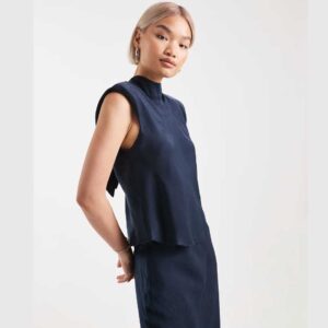 ASOS DESIGN satin tie neck detail top in navy