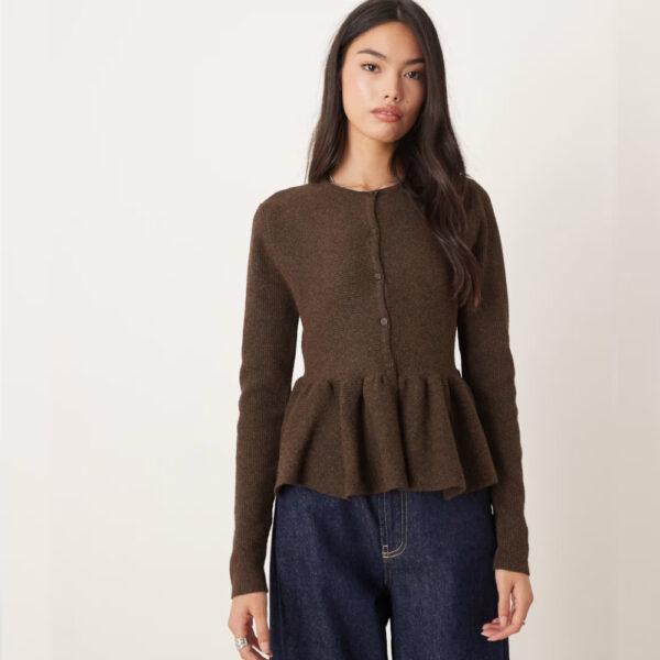 ASOS DESIGN structured peplum hem cardigan in chocolate