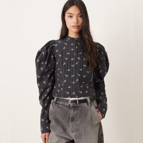 ASOS DESIGN volume sleeve quilted bed jacket in navy floral print