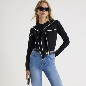 Black Knit Long Sleeve Tipped Bow Jumper