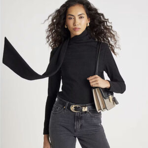 Black Long Sleeve Scarf Neck Ribbed Top