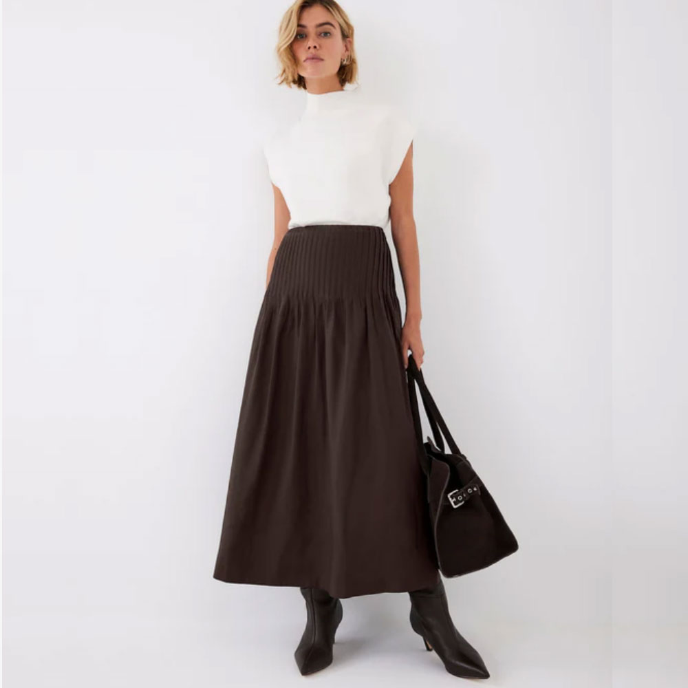 Brown Pintuck Maxi Skirt