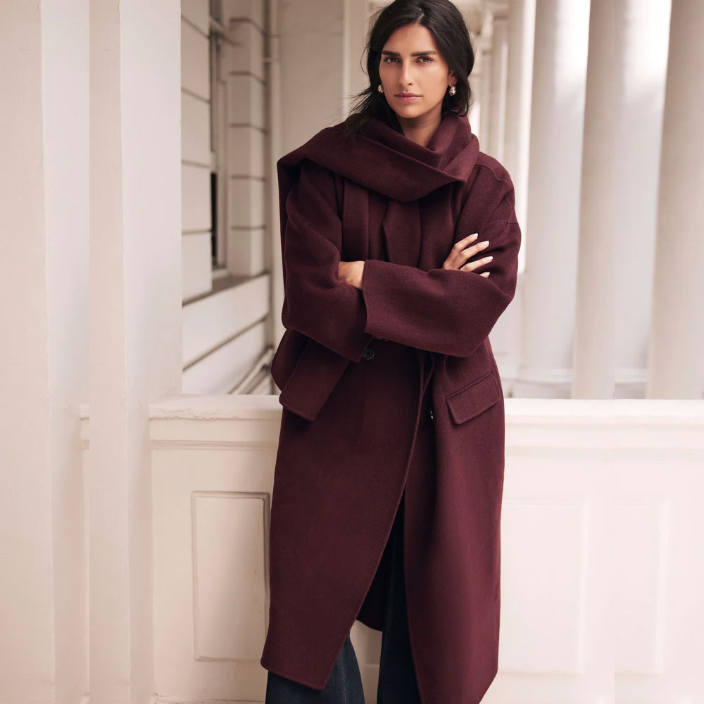 Burgundy Scarf Detail Coat