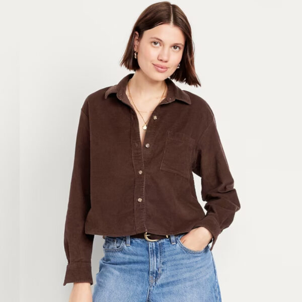 Cropped Button-Down Corduroy Shirt