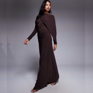 Daska satin cape maxi dress in chocolate brown