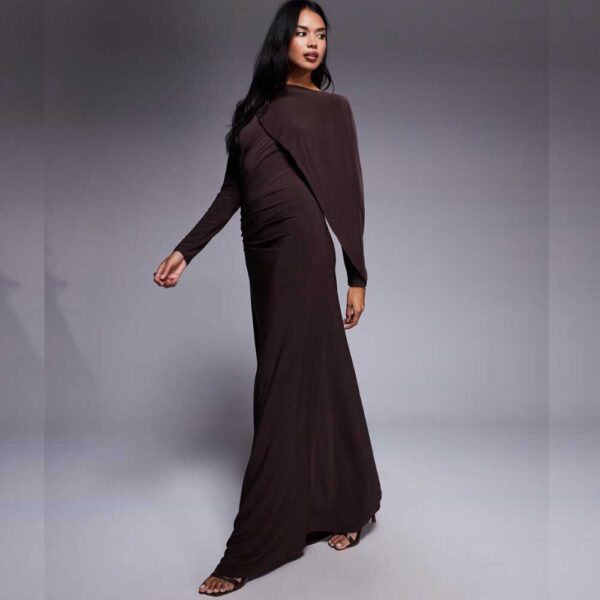 Daska satin cape maxi dress in chocolate brown