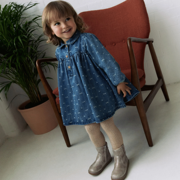 Denim Bow Long Sleeve Collar Dress (3mths-8yrs)