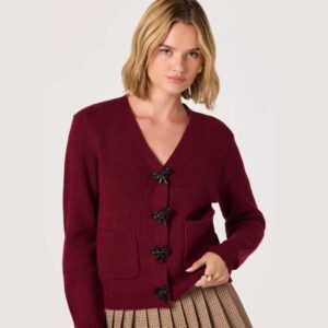 Embellished Bow Button Cardigan Burgundy
