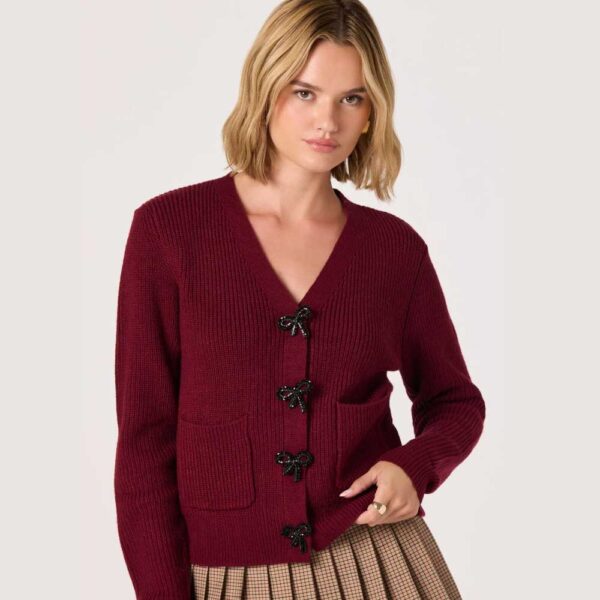 Embellished Bow Button Cardigan Burgundy