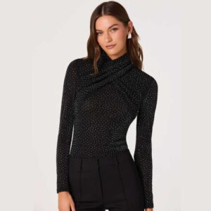 Embellished Crossover Mock Neck Top Black