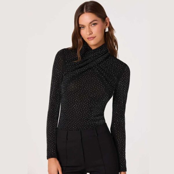 Embellished Crossover Mock Neck Top Black
