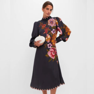 Farm Rio Black Chenille Flowers Midi Dress