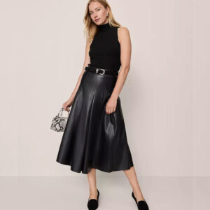 Faux Leather Pleated Midi Skirt Black