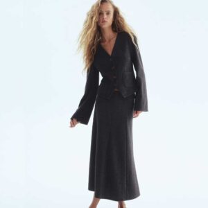 Fine-Knit Midi Skirt Dark gray melange