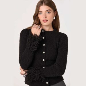 Fringe Sleeve Crewneck Cardigan Black