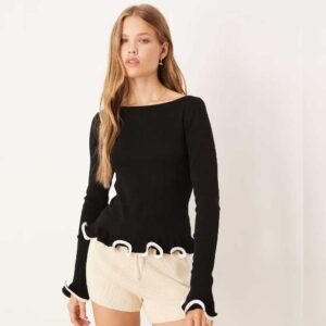 Gina Tricot long sleeve flared cuffs knit top in black
