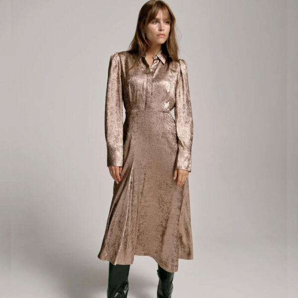 Gold Metallic Midi Shirt Dress