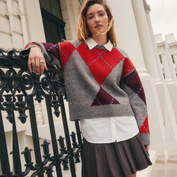Grey Multi Argyle Shirt Layer Knitted Jumper With Wool