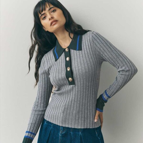 Grey Multi Ribbed Long Sleeve Polo Jumper