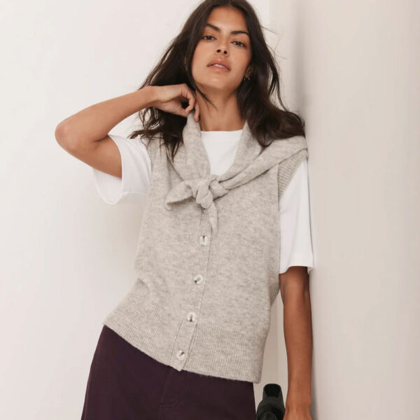 Grey Sleeveless Scarf Detail Knit Top