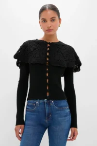 Sea New York Black Nara Crochet Long Sleeve Cardigan With Capelet