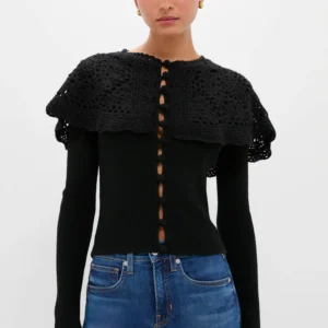 Sea New York Black Nara Crochet Long Sleeve Cardigan With Capelet