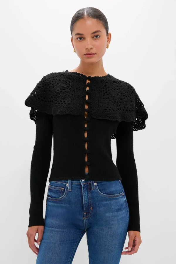 Sea New York Black Nara Crochet Long Sleeve Cardigan With Capelet