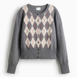 Jacquard-Knit Cardigan Gray/argyle pattern