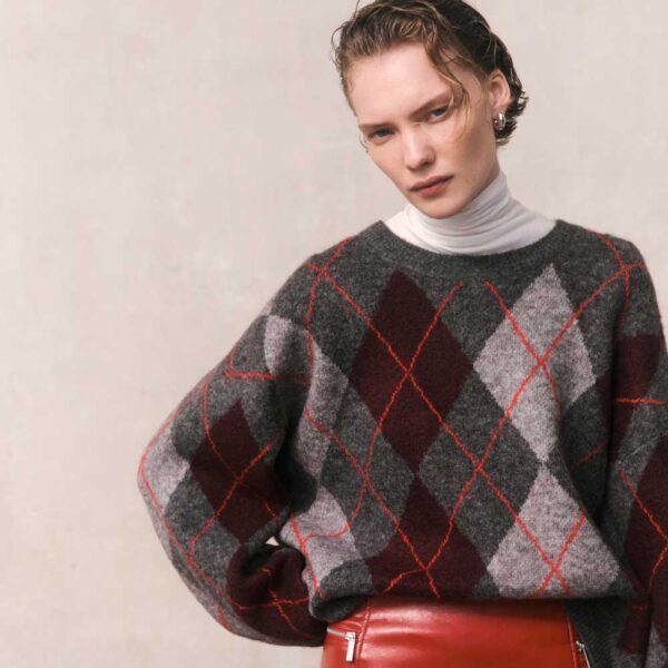 Jacquard-Knit Sweater Gray melange/argyle pattern