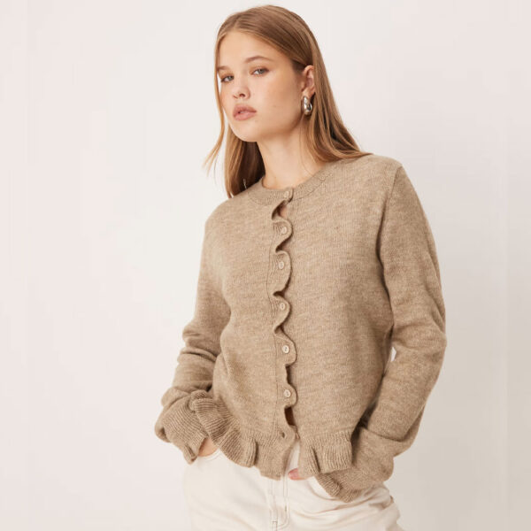 JDY frill details knit cardigan in dark beige