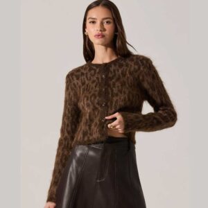 Katria Fuzzy Crewneck Cardigan Brown cheetah print