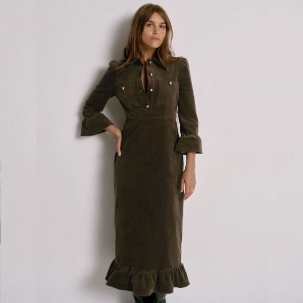 Khaki Corduroy Midi Dress