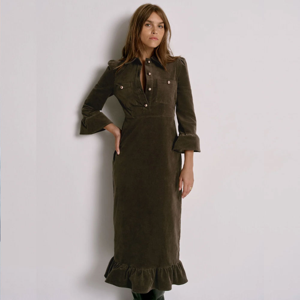 Khaki Corduroy Midi Dress