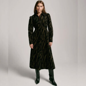 Khaki Zebra Print Corduroy Midi Dress