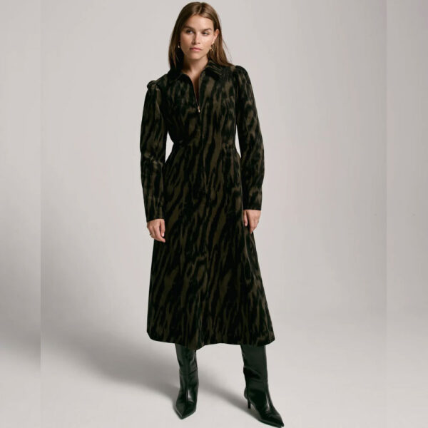 Khaki Zebra Print Corduroy Midi Dress