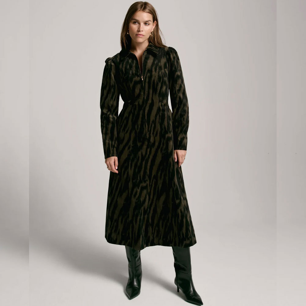Khaki Zebra Print Corduroy Midi Dress