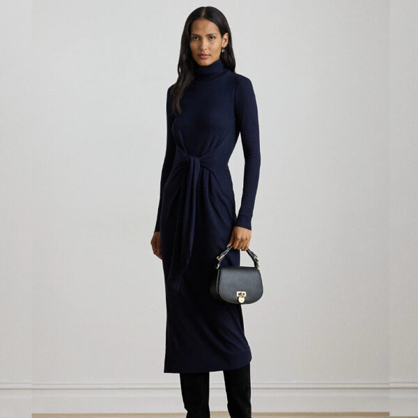 Lauren Ralph Lauren Tie Front Turtleneck Dress Navy