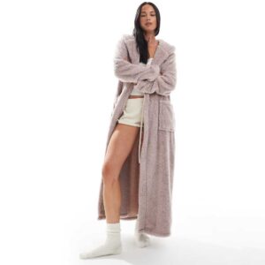Loungeable cozy sherpa hooded maxi robe in mink