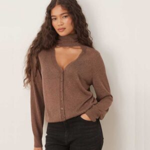 Mango fine knit cardigan with neck tie in brown
